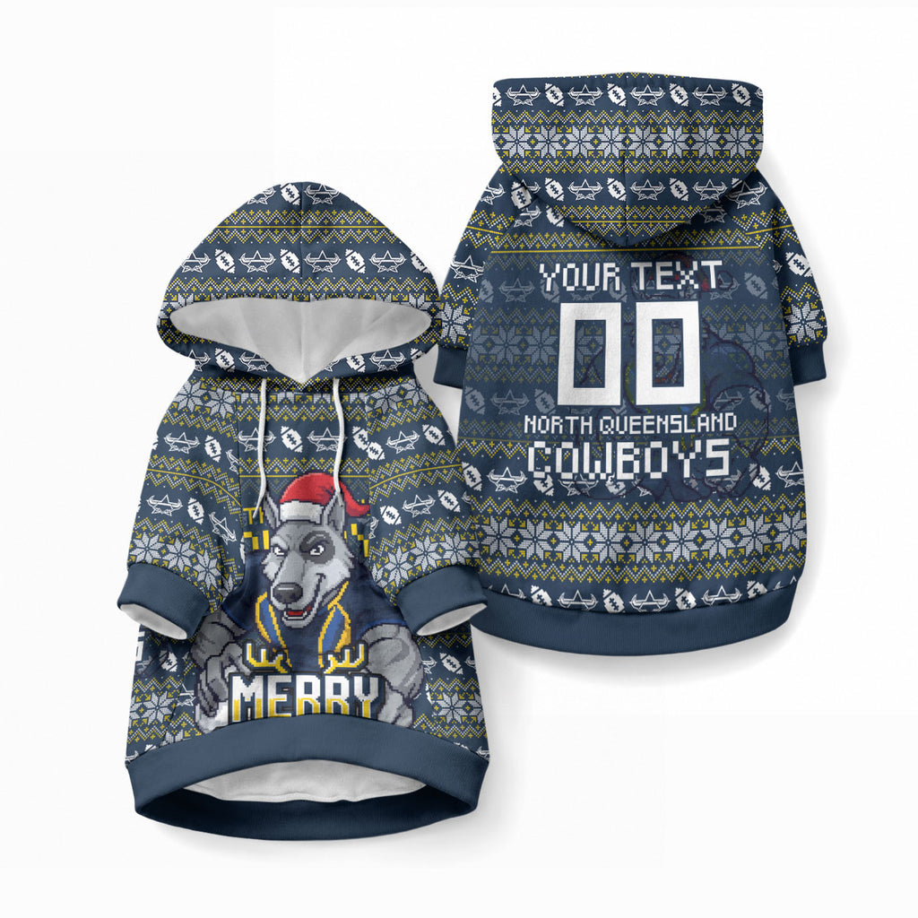 Personalized Cowboys Christmas Pet Hoodie Australian Rugby Fans - Pixelated Ugly Xmas Pattern Mascot Santa