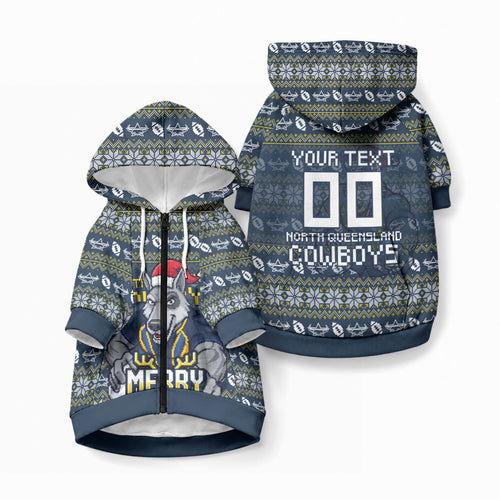 Personalized Cowboys Christmas Pet Hoodie Australian Rugby Fans - Pixelated Ugly Xmas Pattern Mascot Santa