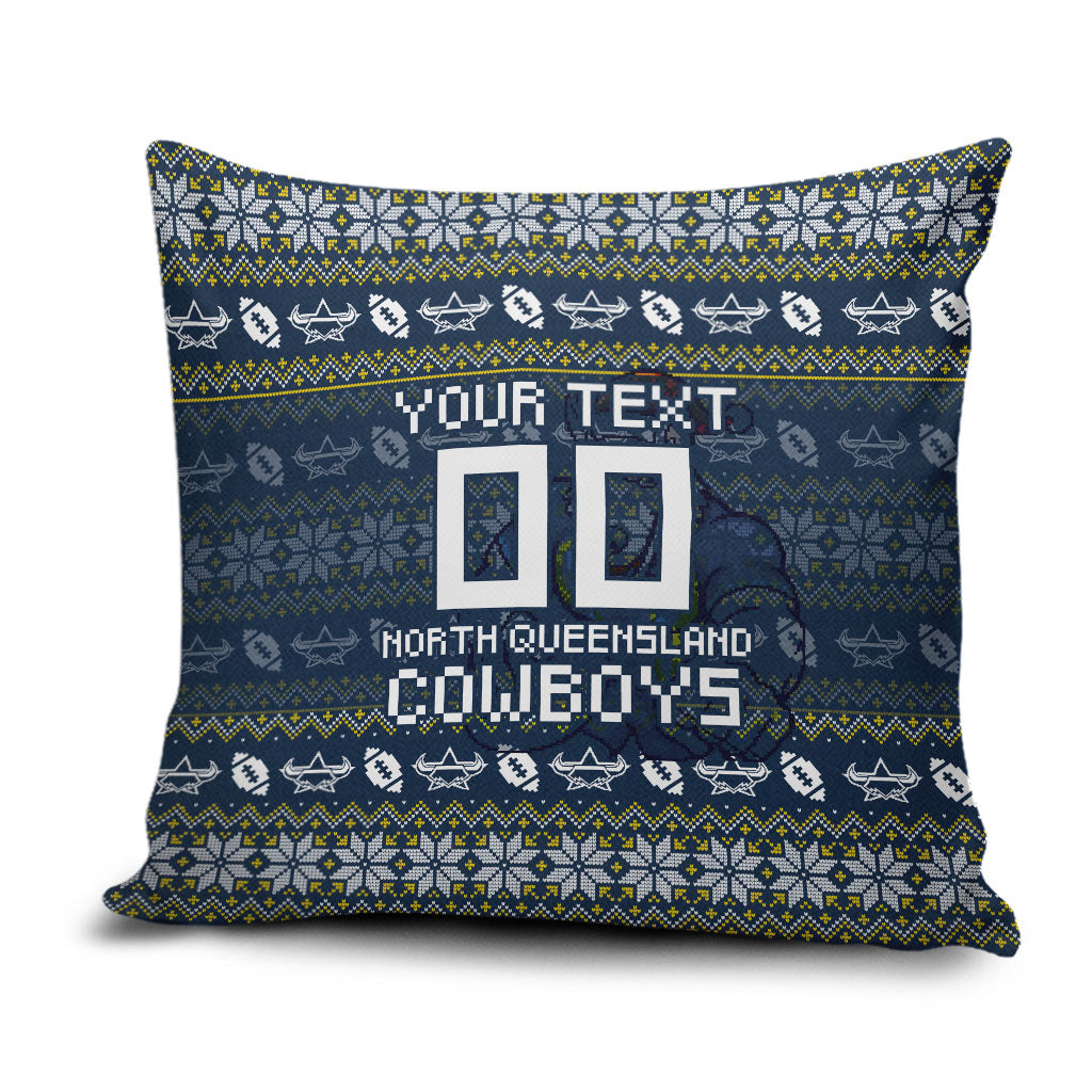 Personalized Cowboys Christmas Pillow Cover Australian Rugby Fans - Pixelated Ugly Xmas Pattern Mascot Santa