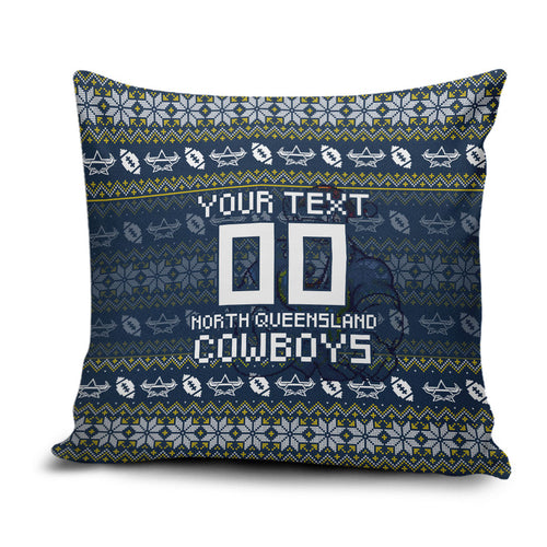 Personalized Cowboys Christmas Pillow Cover Australian Rugby Fans - Pixelated Ugly Xmas Pattern Mascot Santa