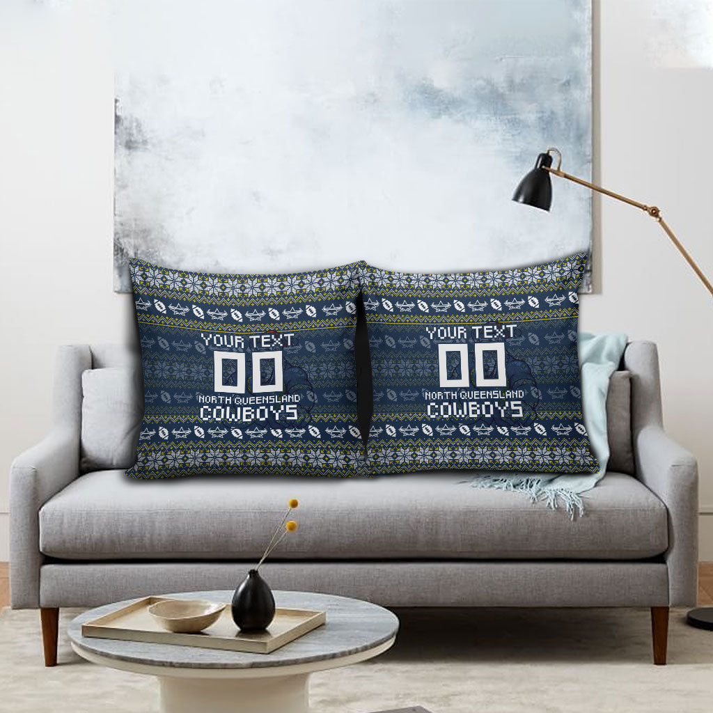 Personalized Cowboys Christmas Pillow Cover Australian Rugby Fans - Pixelated Ugly Xmas Pattern Mascot Santa