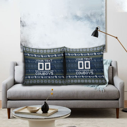 Personalized Cowboys Christmas Pillow Cover Australian Rugby Fans - Pixelated Ugly Xmas Pattern Mascot Santa