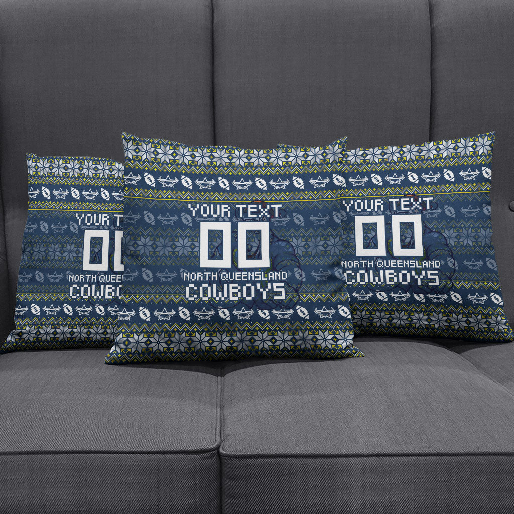Personalized Cowboys Christmas Pillow Cover Australian Rugby Fans - Pixelated Ugly Xmas Pattern Mascot Santa