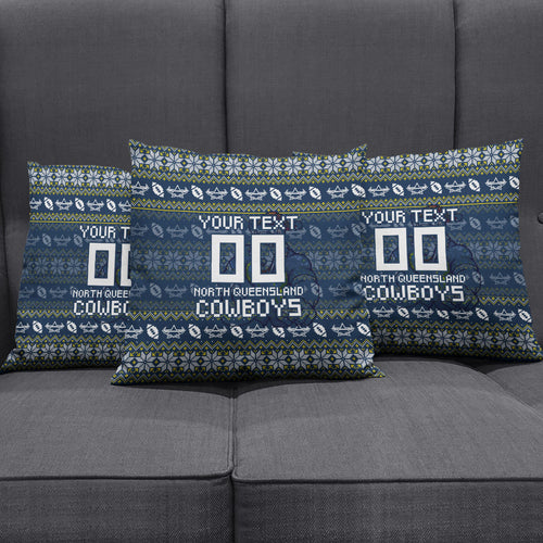 Personalized Cowboys Christmas Pillow Cover Australian Rugby Fans - Pixelated Ugly Xmas Pattern Mascot Santa