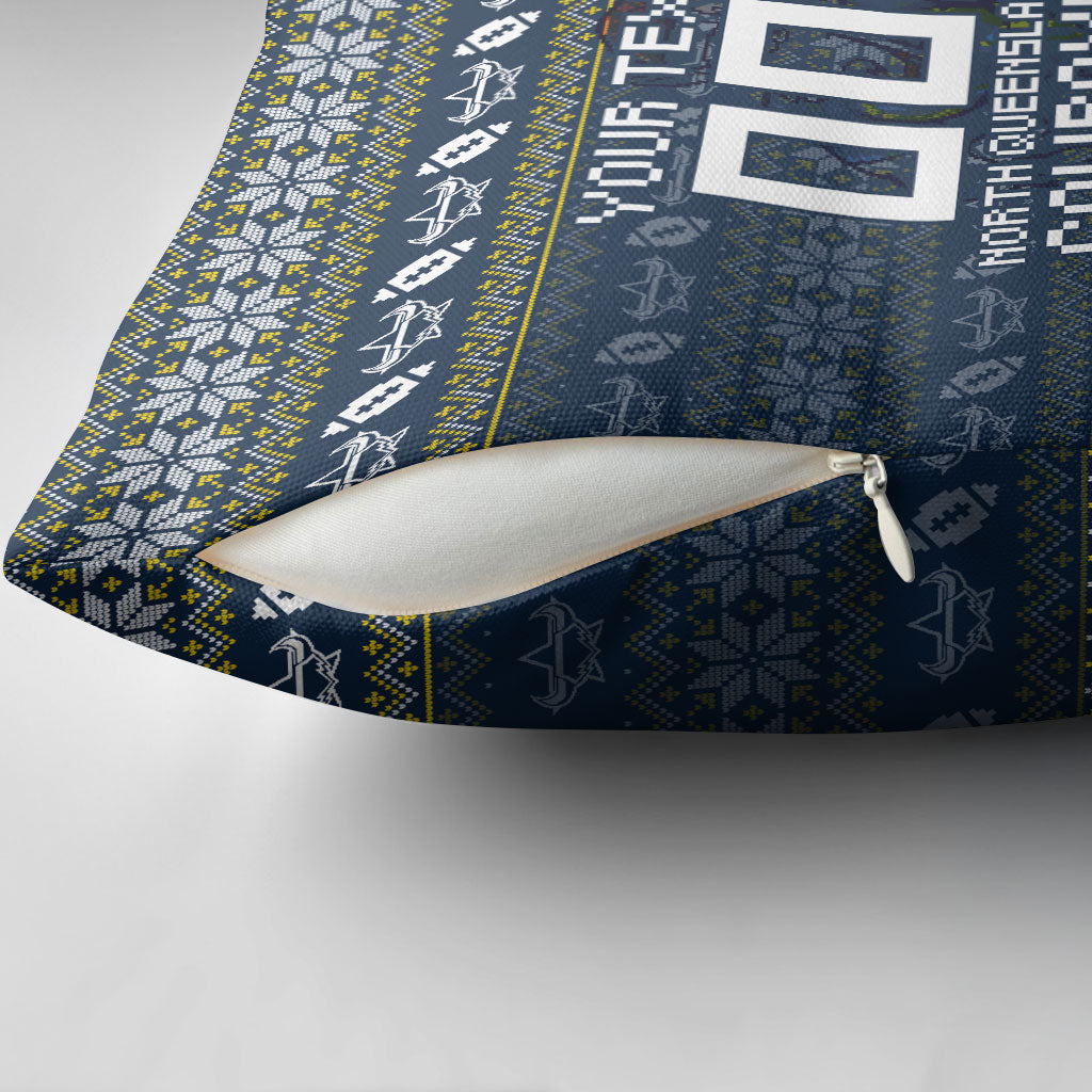 Personalized Cowboys Christmas Pillow Cover Australian Rugby Fans - Pixelated Ugly Xmas Pattern Mascot Santa