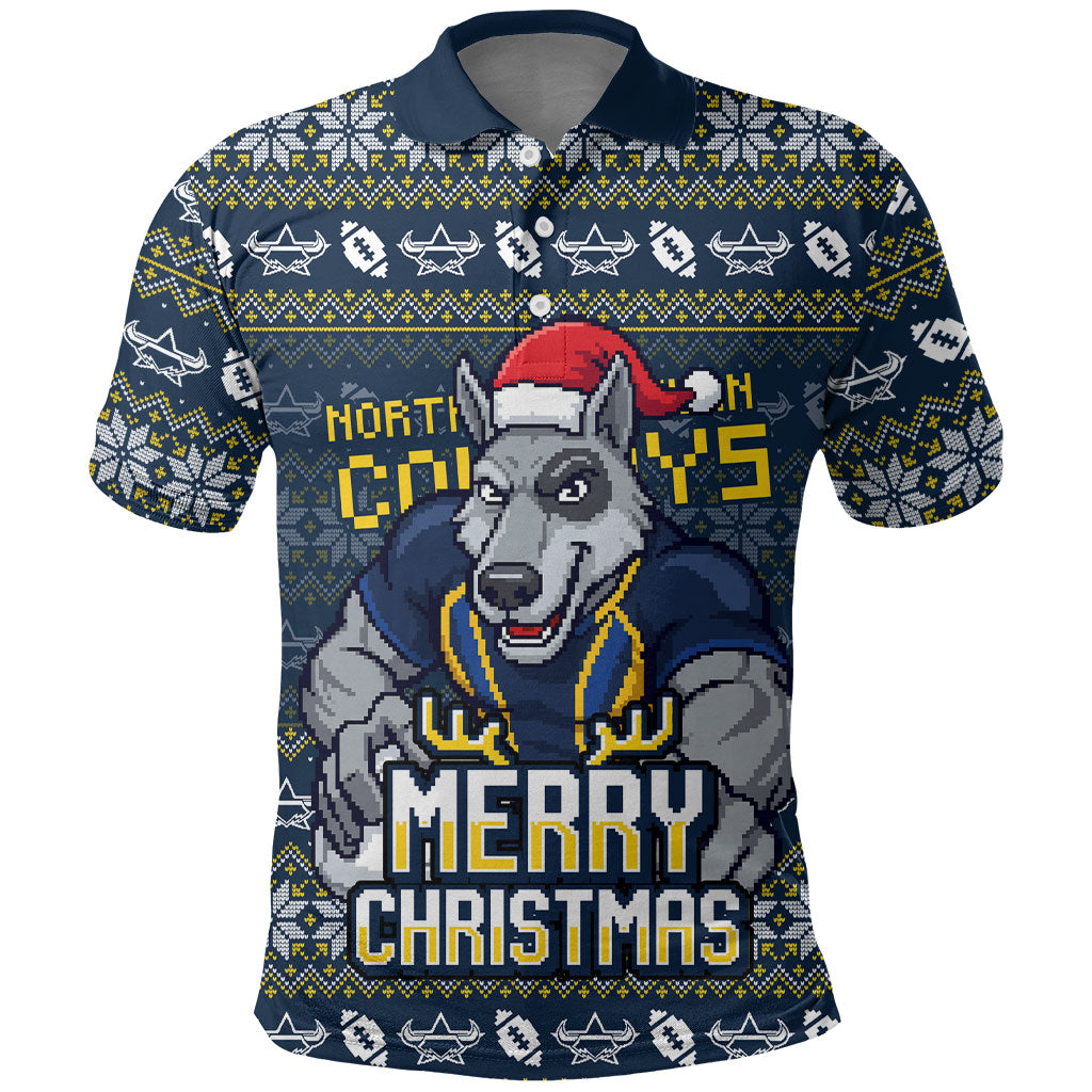 Personalized Cowboys Christmas Polo Shirt Australian Rugby Fans - Pixelated Ugly Xmas Pattern Mascot Santa