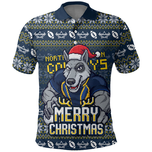 Personalized Cowboys Christmas Polo Shirt Australian Rugby Fans - Pixelated Ugly Xmas Pattern Mascot Santa
