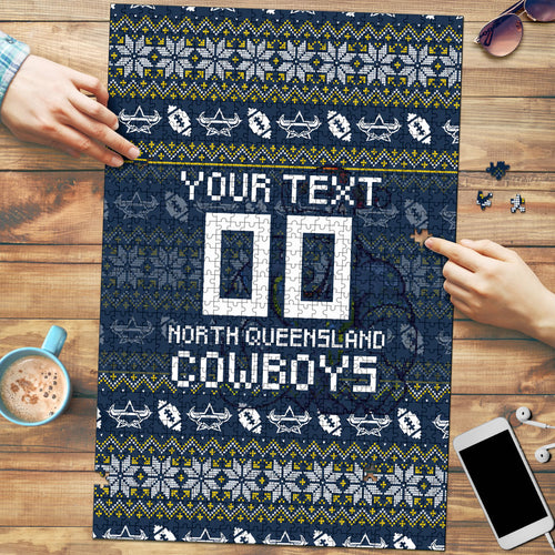 Personalized Cowboys Christmas Puzzle Australian Rugby Fans - Pixelated Ugly Xmas Pattern Mascot Santa