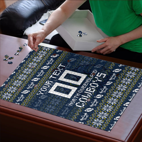 Personalized Cowboys Christmas Puzzle Australian Rugby Fans - Pixelated Ugly Xmas Pattern Mascot Santa