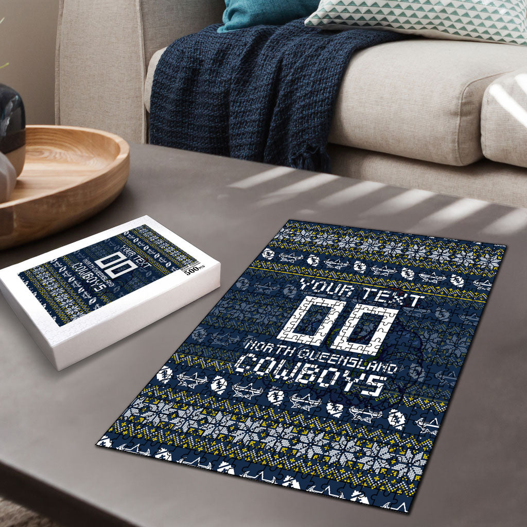 Personalized Cowboys Christmas Puzzle Australian Rugby Fans - Pixelated Ugly Xmas Pattern Mascot Santa
