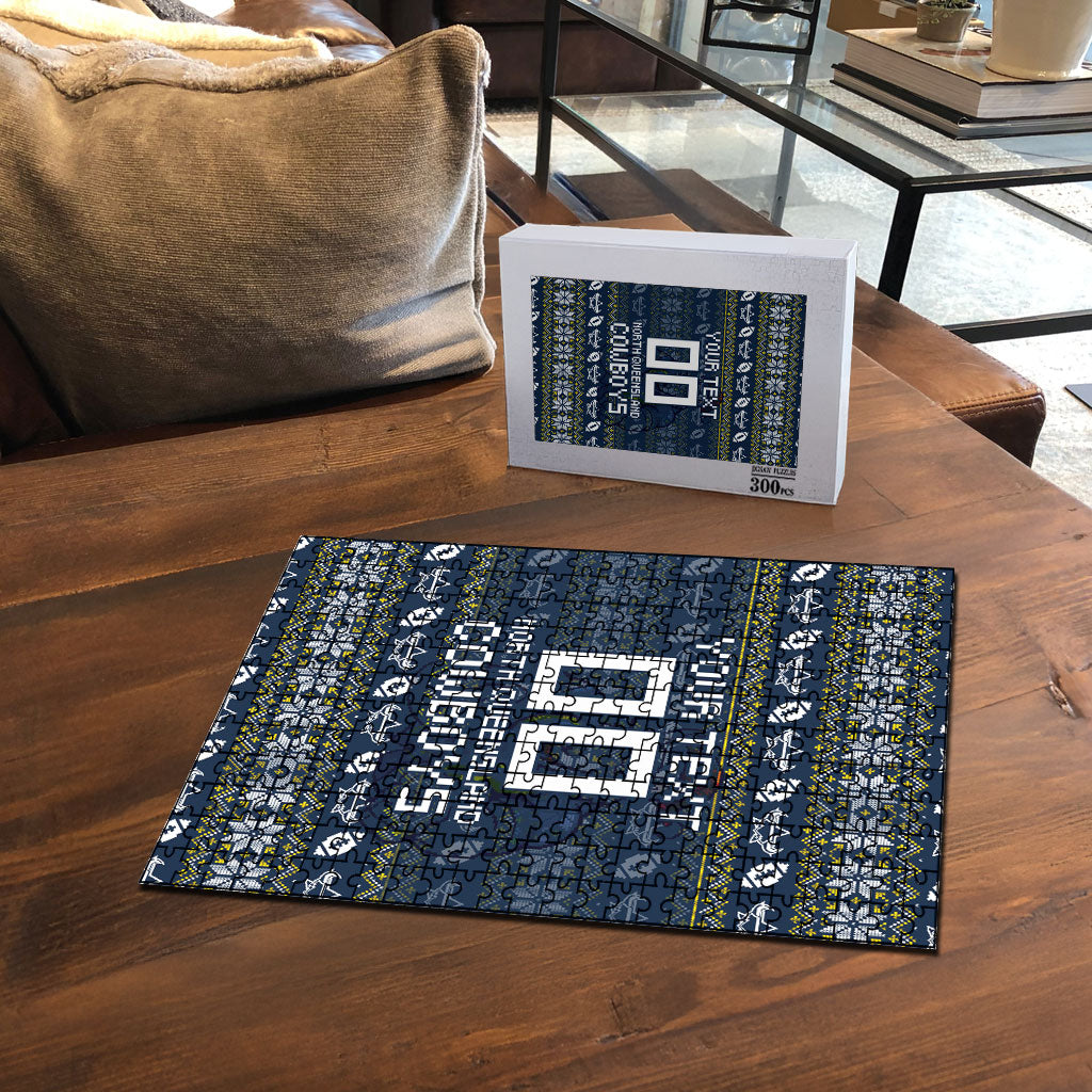 Personalized Cowboys Christmas Puzzle Australian Rugby Fans - Pixelated Ugly Xmas Pattern Mascot Santa