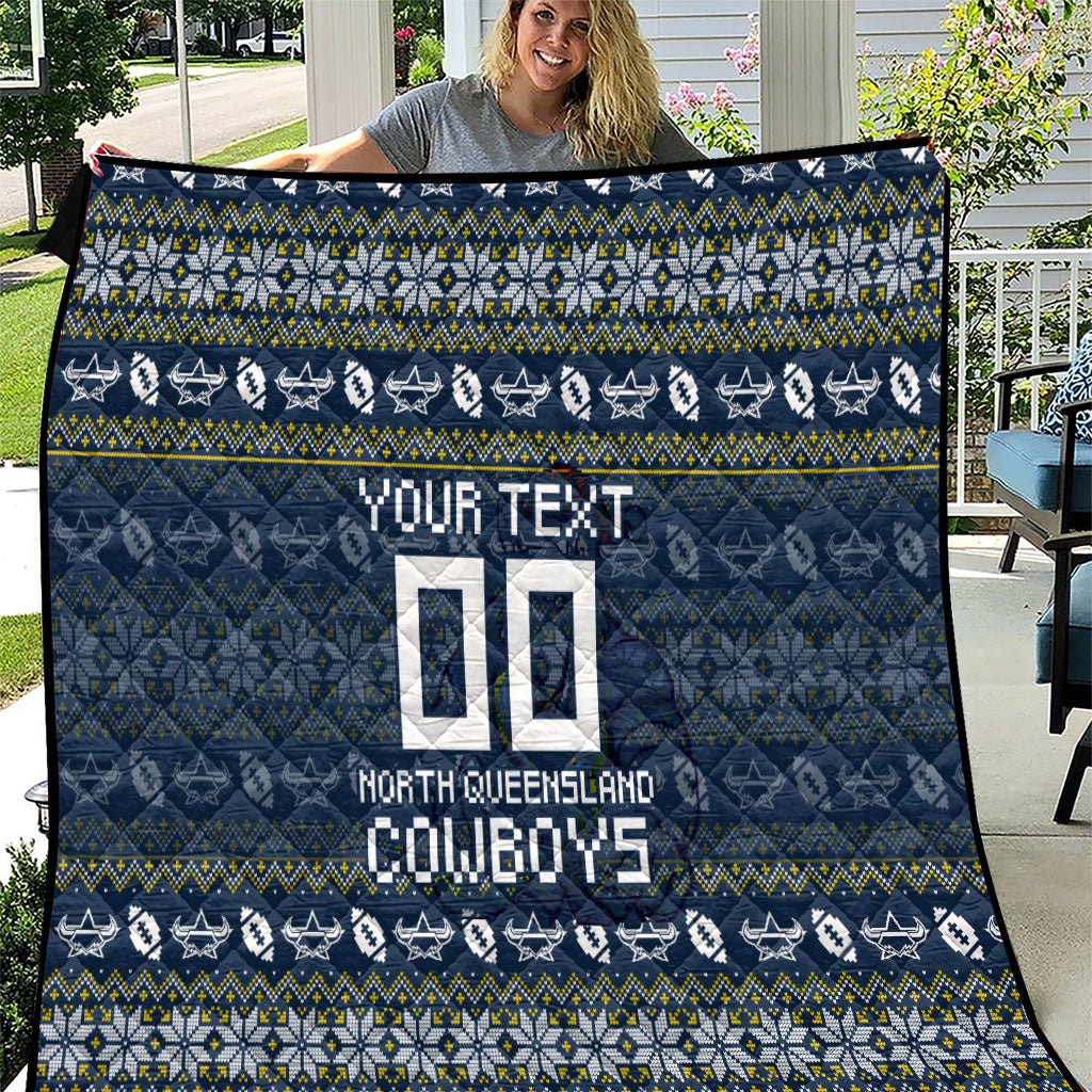 Personalized Cowboys Christmas Quilt Australian Rugby Fans - Pixelated Ugly Xmas Pattern Mascot Santa