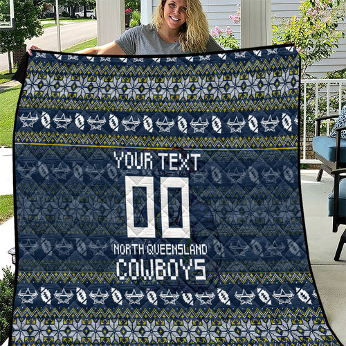 Personalized Cowboys Christmas Quilt Australian Rugby Fans - Pixelated Ugly Xmas Pattern Mascot Santa