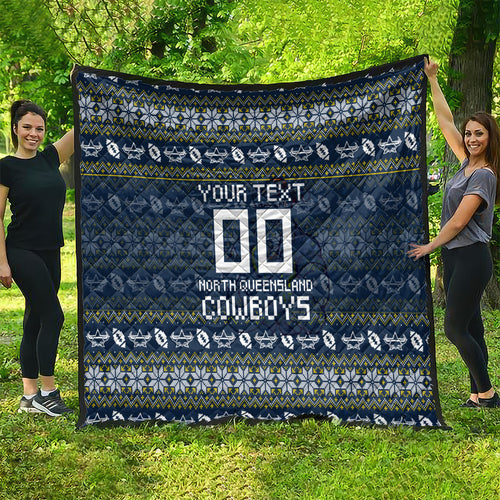 Personalized Cowboys Christmas Quilt Australian Rugby Fans - Pixelated Ugly Xmas Pattern Mascot Santa