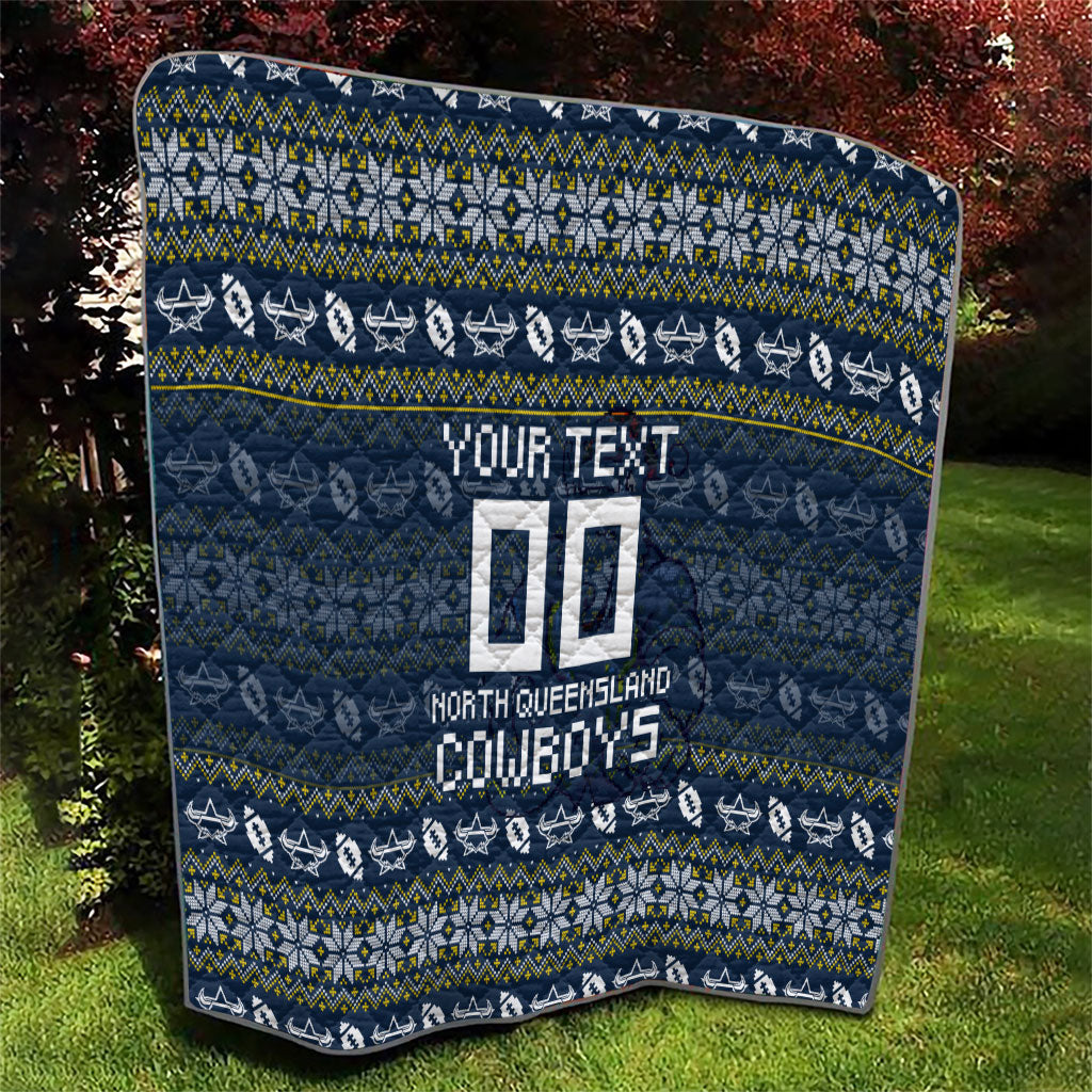 Personalized Cowboys Christmas Quilt Australian Rugby Fans - Pixelated Ugly Xmas Pattern Mascot Santa