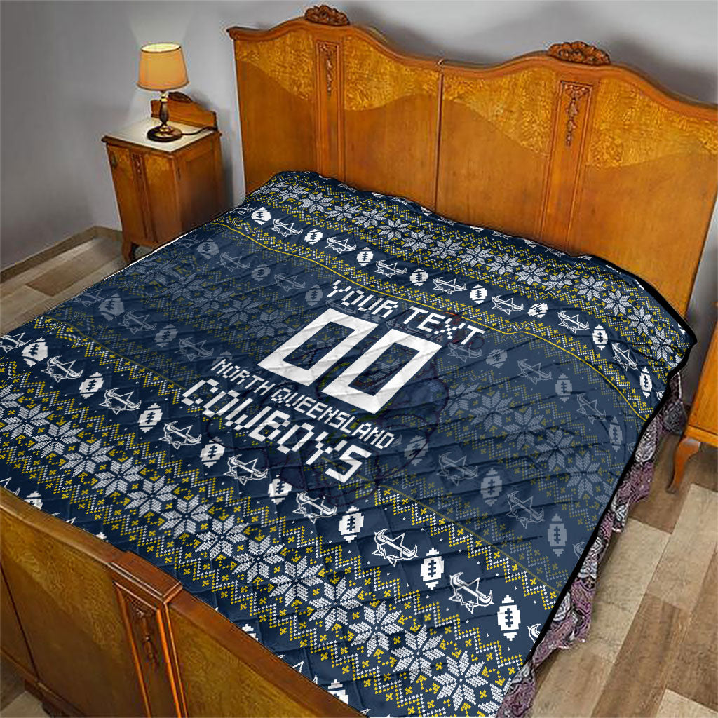 Personalized Cowboys Christmas Quilt Australian Rugby Fans - Pixelated Ugly Xmas Pattern Mascot Santa