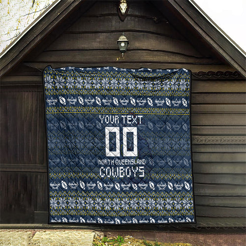 Personalized Cowboys Christmas Quilt Australian Rugby Fans - Pixelated Ugly Xmas Pattern Mascot Santa