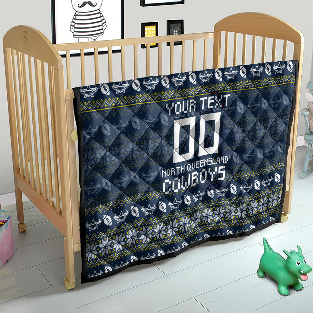 Personalized Cowboys Christmas Quilt Australian Rugby Fans - Pixelated Ugly Xmas Pattern Mascot Santa