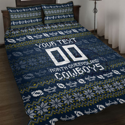 Personalized Cowboys Christmas Quilt Bed Set Australian Rugby Fans - Pixelated Ugly Xmas Pattern Mascot Santa