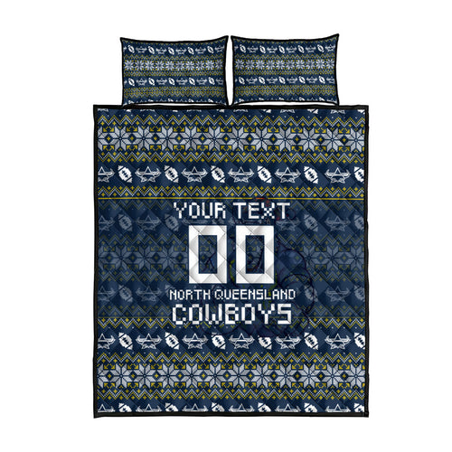 Personalized Cowboys Christmas Quilt Bed Set Australian Rugby Fans - Pixelated Ugly Xmas Pattern Mascot Santa