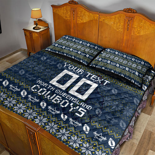 Personalized Cowboys Christmas Quilt Bed Set Australian Rugby Fans - Pixelated Ugly Xmas Pattern Mascot Santa