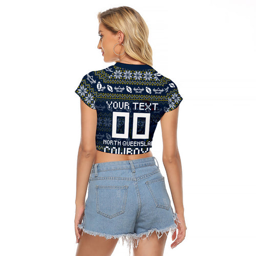 Personalized Cowboys Christmas Raglan Cropped T Shirt Australian Rugby Fans - Pixelated Ugly Xmas Pattern Mascot Santa