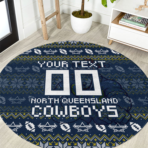 Personalized Cowboys Christmas Round Carpet Australian Rugby Fans - Pixelated Ugly Xmas Pattern Mascot Santa