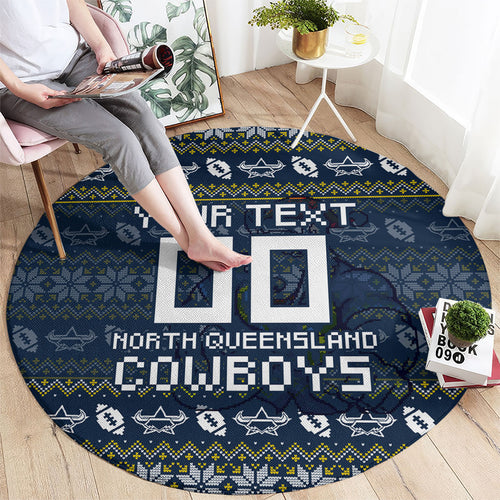 Personalized Cowboys Christmas Round Carpet Australian Rugby Fans - Pixelated Ugly Xmas Pattern Mascot Santa