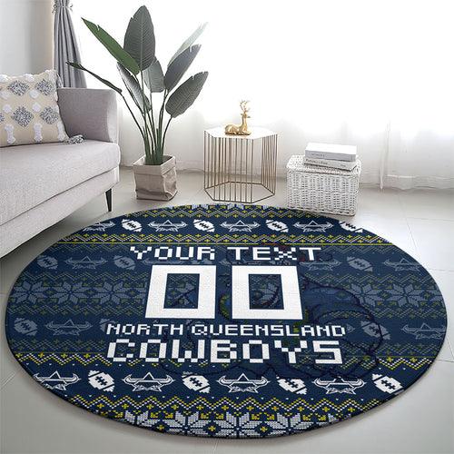 Personalized Cowboys Christmas Round Carpet Australian Rugby Fans - Pixelated Ugly Xmas Pattern Mascot Santa