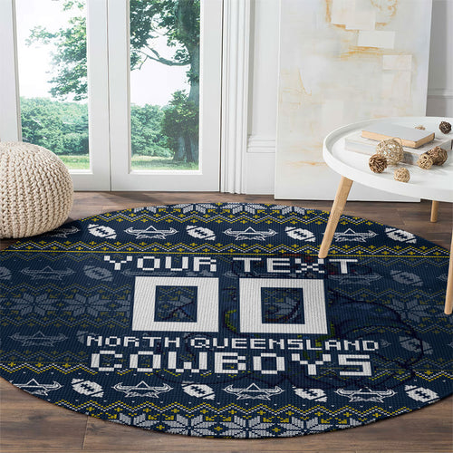 Personalized Cowboys Christmas Round Carpet Australian Rugby Fans - Pixelated Ugly Xmas Pattern Mascot Santa