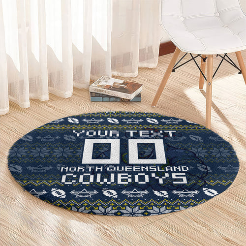 Personalized Cowboys Christmas Round Carpet Australian Rugby Fans - Pixelated Ugly Xmas Pattern Mascot Santa