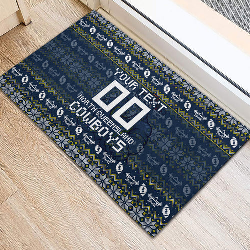 Personalized Cowboys Christmas Rubber Doormat Australian Rugby Fans - Pixelated Ugly Xmas Pattern Mascot Santa