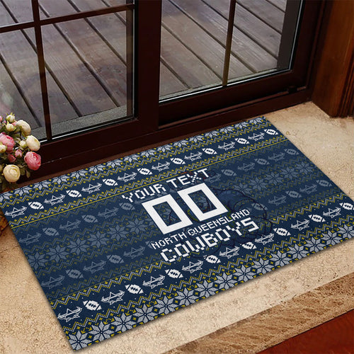 Personalized Cowboys Christmas Rubber Doormat Australian Rugby Fans - Pixelated Ugly Xmas Pattern Mascot Santa