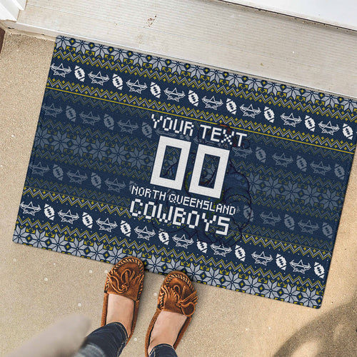 Personalized Cowboys Christmas Rubber Doormat Australian Rugby Fans - Pixelated Ugly Xmas Pattern Mascot Santa