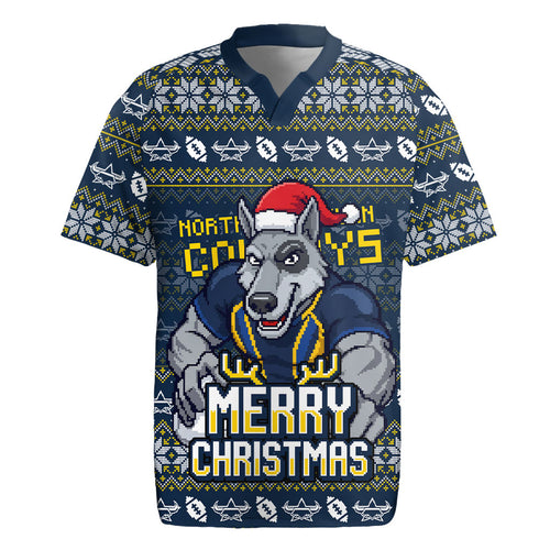 Personalized Cowboys Christmas Rugby Jersey Australian Rugby Fans - Pixelated Ugly Xmas Pattern Mascot Santa