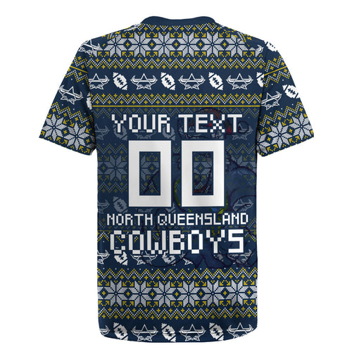 Personalized Cowboys Christmas Rugby Jersey Australian Rugby Fans - Pixelated Ugly Xmas Pattern Mascot Santa