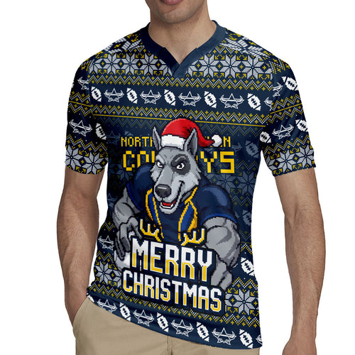 Personalized Cowboys Christmas Rugby Jersey Australian Rugby Fans - Pixelated Ugly Xmas Pattern Mascot Santa