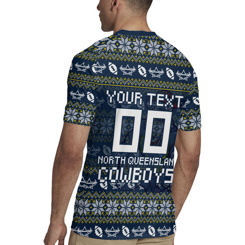 Personalized Cowboys Christmas Rugby Jersey Australian Rugby Fans - Pixelated Ugly Xmas Pattern Mascot Santa