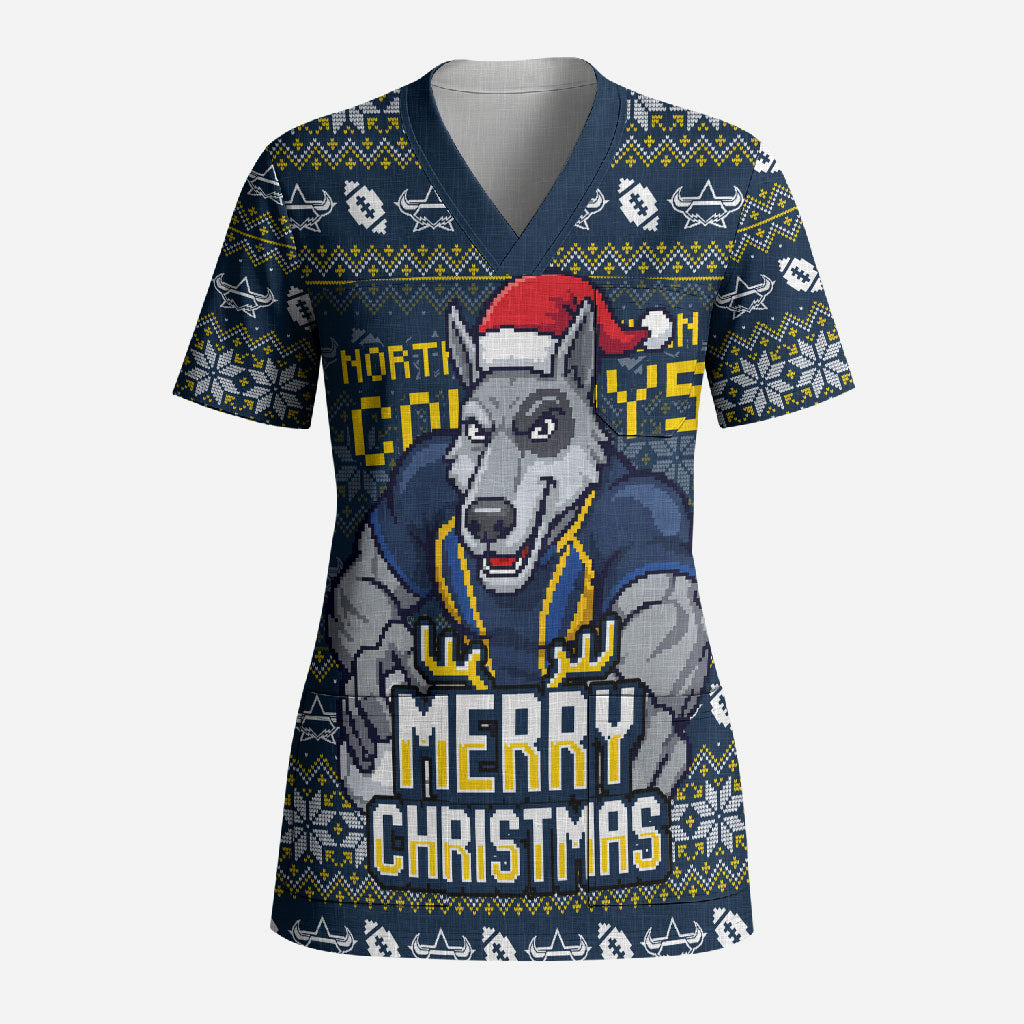 Personalized Cowboys Christmas Scrub Top Australian Rugby Fans - Pixelated Ugly Xmas Pattern Mascot Santa