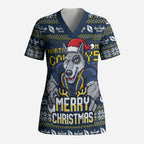 Personalized Cowboys Christmas Scrub Top Australian Rugby Fans - Pixelated Ugly Xmas Pattern Mascot Santa