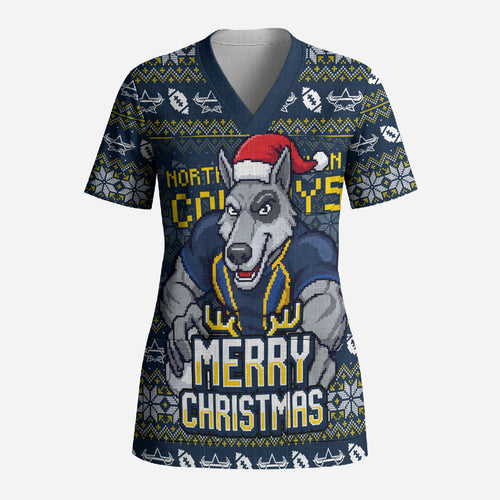 Personalized Cowboys Christmas Scrub Top Australian Rugby Fans - Pixelated Ugly Xmas Pattern Mascot Santa