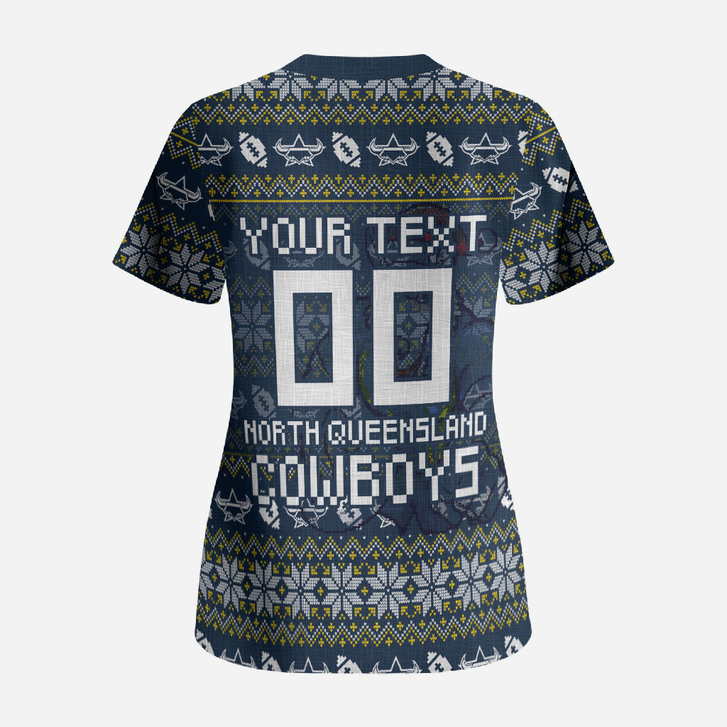 Personalized Cowboys Christmas Scrub Top Australian Rugby Fans - Pixelated Ugly Xmas Pattern Mascot Santa