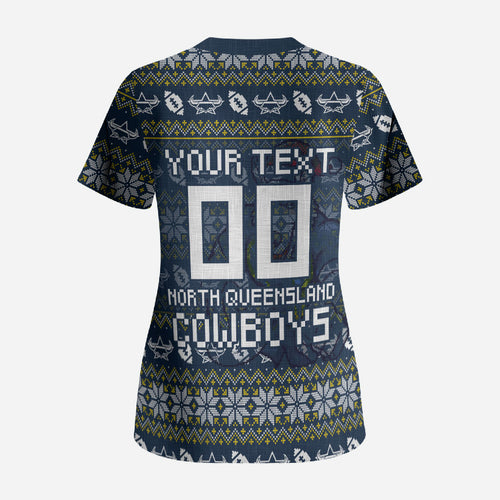 Personalized Cowboys Christmas Scrub Top Australian Rugby Fans - Pixelated Ugly Xmas Pattern Mascot Santa