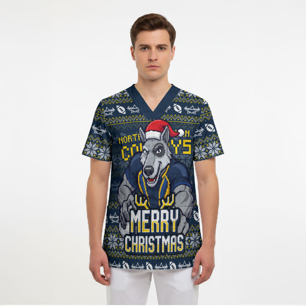 Personalized Cowboys Christmas Scrub Top Australian Rugby Fans - Pixelated Ugly Xmas Pattern Mascot Santa