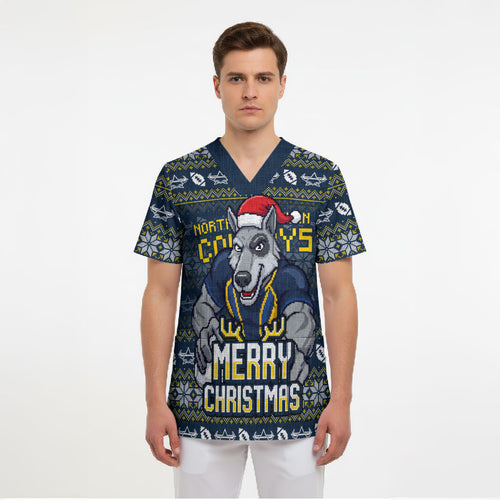 Personalized Cowboys Christmas Scrub Top Australian Rugby Fans - Pixelated Ugly Xmas Pattern Mascot Santa