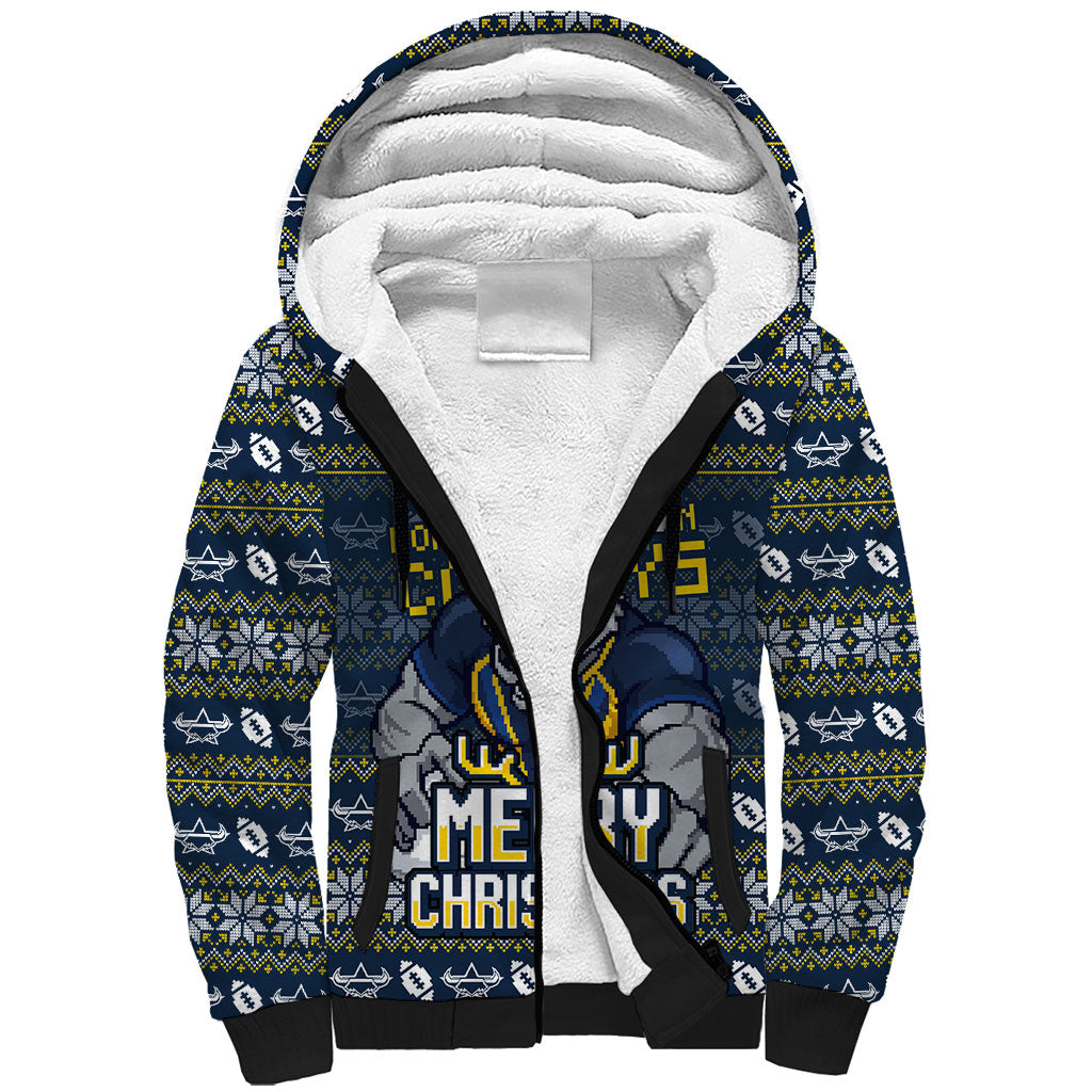 Personalized Cowboys Christmas Sherpa Hoodie Australian Rugby Fans - Pixelated Ugly Xmas Pattern Mascot Santa