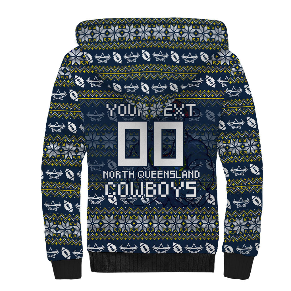 Personalized Cowboys Christmas Sherpa Hoodie Australian Rugby Fans - Pixelated Ugly Xmas Pattern Mascot Santa