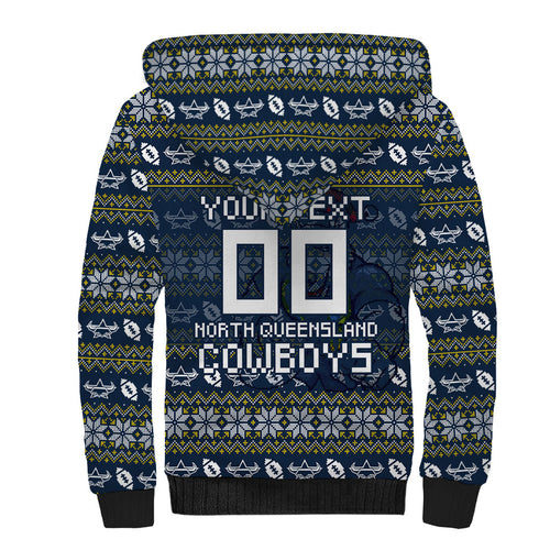 Personalized Cowboys Christmas Sherpa Hoodie Australian Rugby Fans - Pixelated Ugly Xmas Pattern Mascot Santa