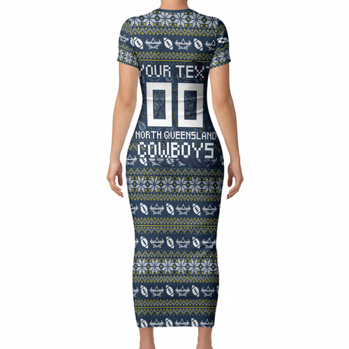 Personalized Cowboys Christmas Short Sleeve Bodycon Dress Australian Rugby Fans - Pixelated Ugly Xmas Pattern Mascot Santa
