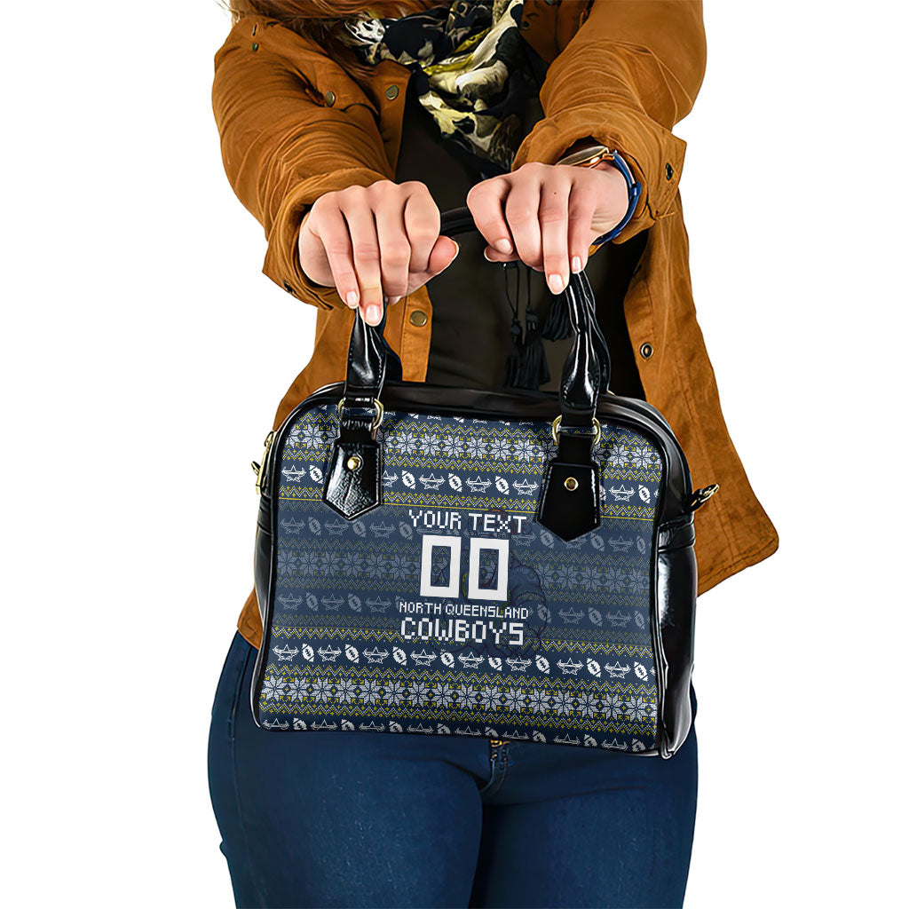 Personalized Cowboys Christmas Shoulder Handbag Australian Rugby Fans - Pixelated Ugly Xmas Pattern Mascot Santa